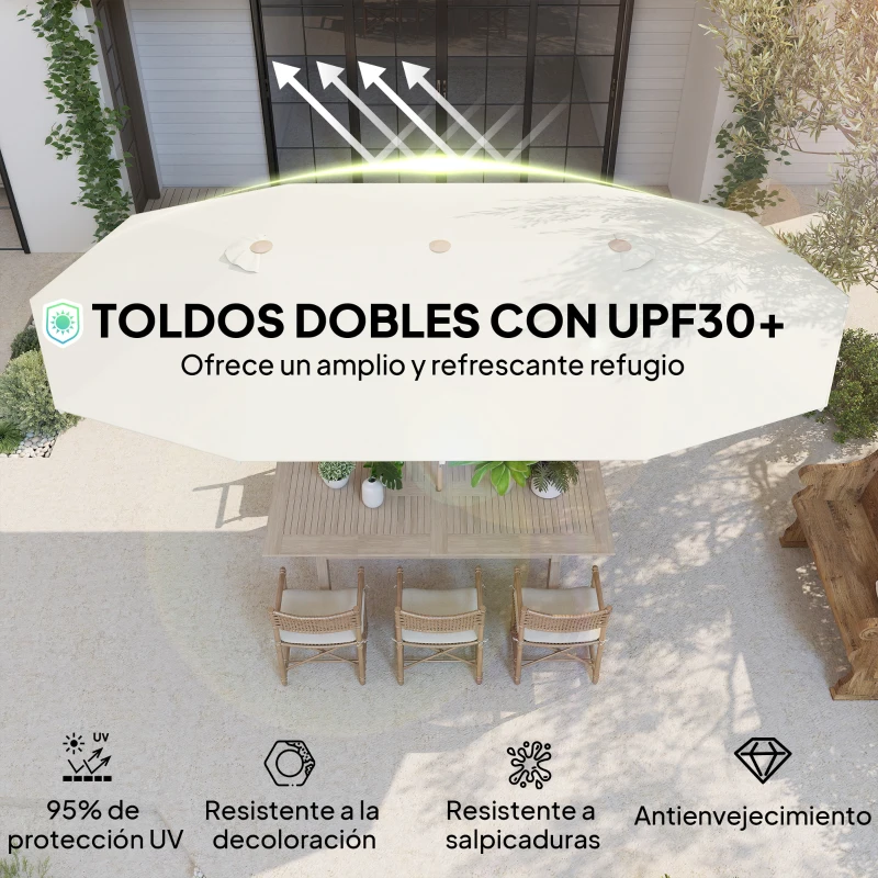 Outsunny Sombrilla Doble 4,6x2,7 m Sombrilla Grande con Manivela Manual Resistente al Agua y Protección Solar Beige