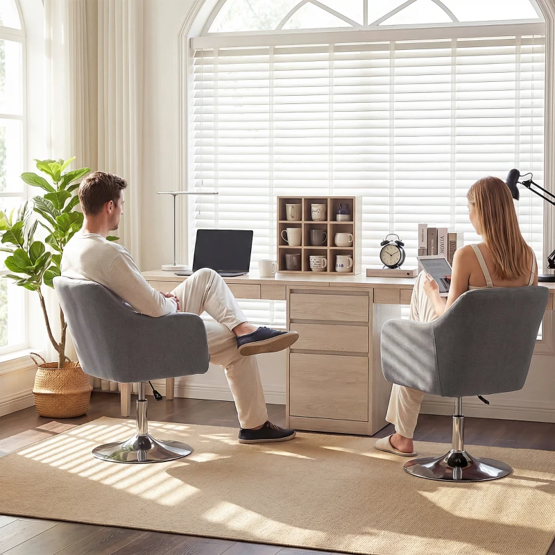 HOMCOM Swivel Linen Fabric Accent Chair for Living Room Contemporary Vanity Armchair with Adjustable Height Thick Cushion Lumbar Support Armrest for Bedroom Office Dark Grey