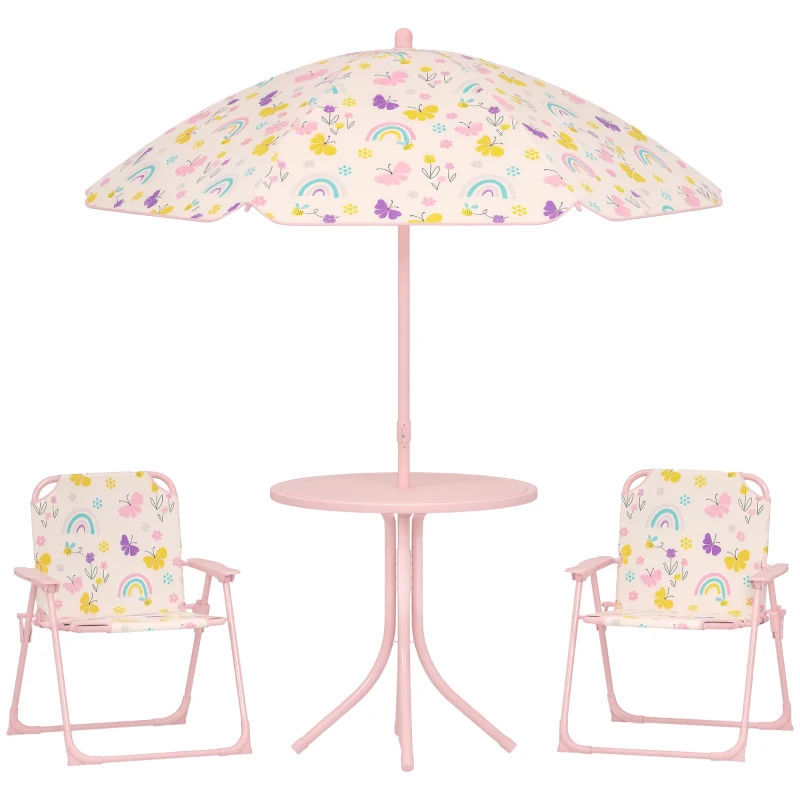 AIYAPLAY Ensemble salon de jardin extérieur enfant 4 pièces, motif arc-en-ciel et fleur, parasol réglable Ø 100cm, chaise pliable