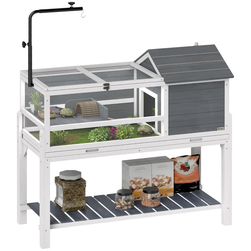 PawHut Casa para Tortugas de Madera con Soporte para Lámpara Ajustable Techos Abatibles Bandeja Extraíble y Estante Inferior
