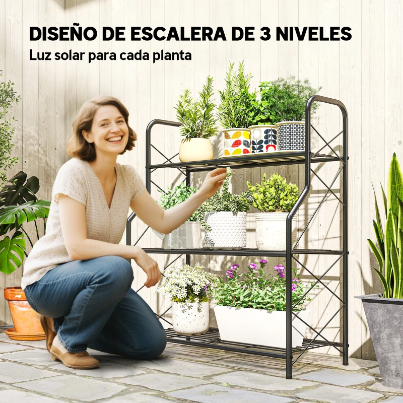 Outsunny Soporte para Plantas de 3 Niveles Estantería Metálica Resistente para Interior y Exterior 69x28,5x78 cm Negro