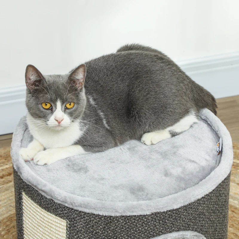PawHut 30cm Cat Condo Barrel Tower, Small Cat Tree for Indoor Cats with Plush Platform, Toy Ball, Dark Grey