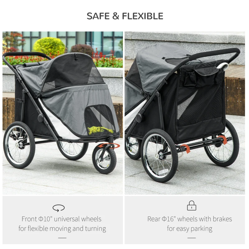 PawHut Wózek dla Psów, Składany, Otwierany Daszek, Poduszka, Rama Stalowa, Szary/Czarny