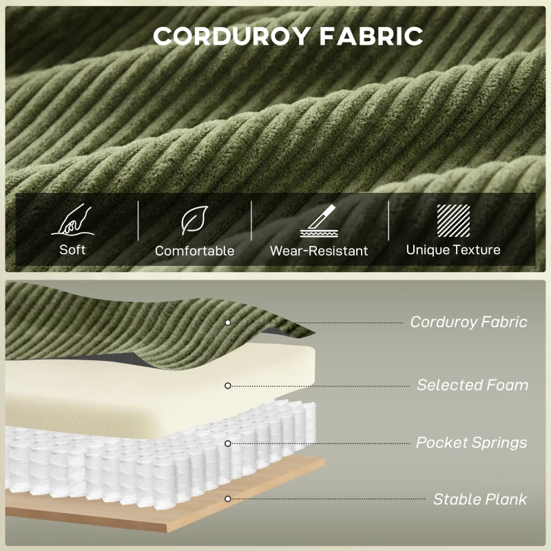 HOMCOM 2 Seater Sofa, 140 cm Loveseat Sofa with Spring Cushions, Metal Legs, 2 Pillows, Dark Green