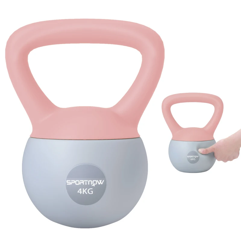 SPORTNOW Pesa Rusa 4 kg Kettlebell Relleno de Arena Metálica y Mango Antideslizante para Entreno en Casa 19x15x25 cm Rosa y Gris