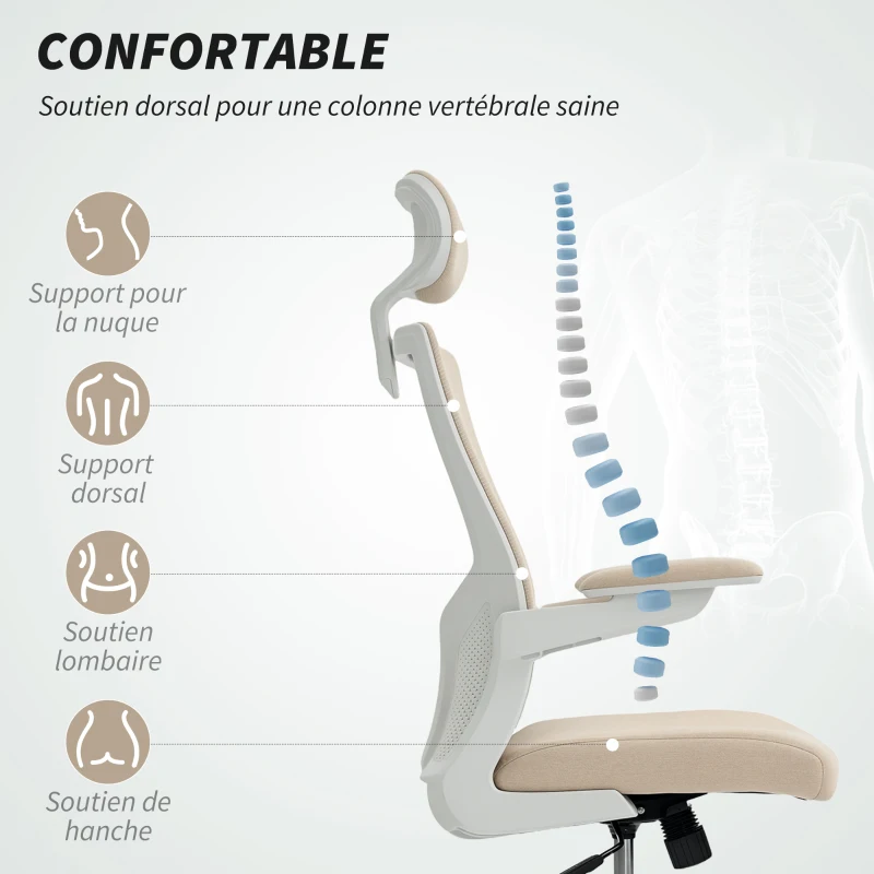 HOMCOM Chaise bureau ergonomique, fauteuil de bureau, accoudoirs relevables, soutien lombaire, appui-tête, 60x63x120cm, beige