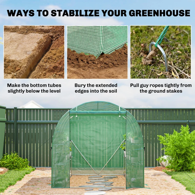 Outsunny Walk-in Greenhouse with Shelves, Polytunnel Greenhouse with Roll-Up Door, 6 Mesh Windows,198 x 275 x 191 cm, Green