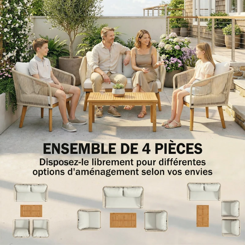 Outsunny Salon de Jardin 4 Pièces, Ensemble en Corde Tressée avec Structure en Acier et Bois d'Acacia, Coussins, Blanc Crème