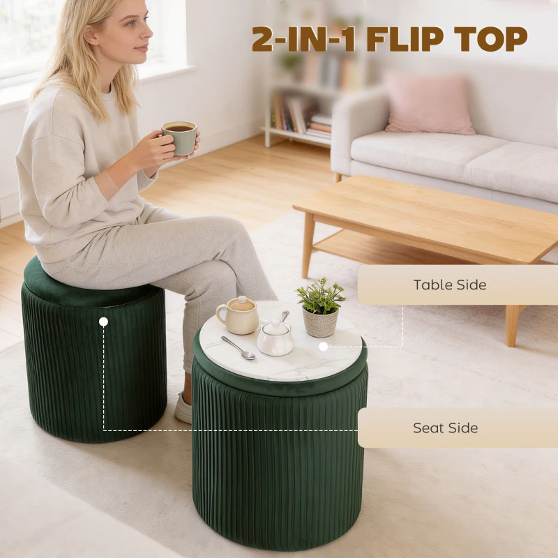 HOMCOM Storage Ottoman Modern Velvet Round Foot Stool for Living Room Bedroom 45 cm Dark Green