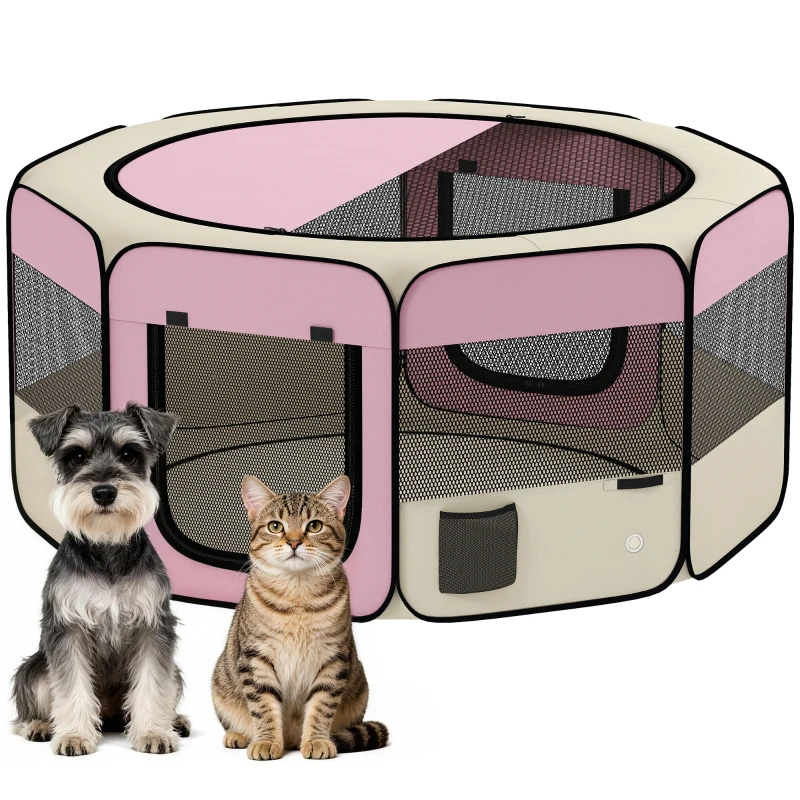 PawHut Parque Plegable para Perros y Gatos Corralito Portátil para Animales Pequeños Impermeable de Tela Oxford Ø120x58cm Rosa