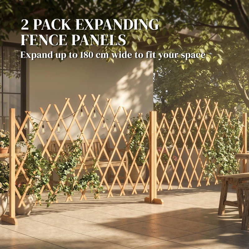 Outsunny 2 Pack Expanding Fence Panels, Wooden Freestanding Garden Fence with Stable Feet, 180 x 30 x 103cm, Brown