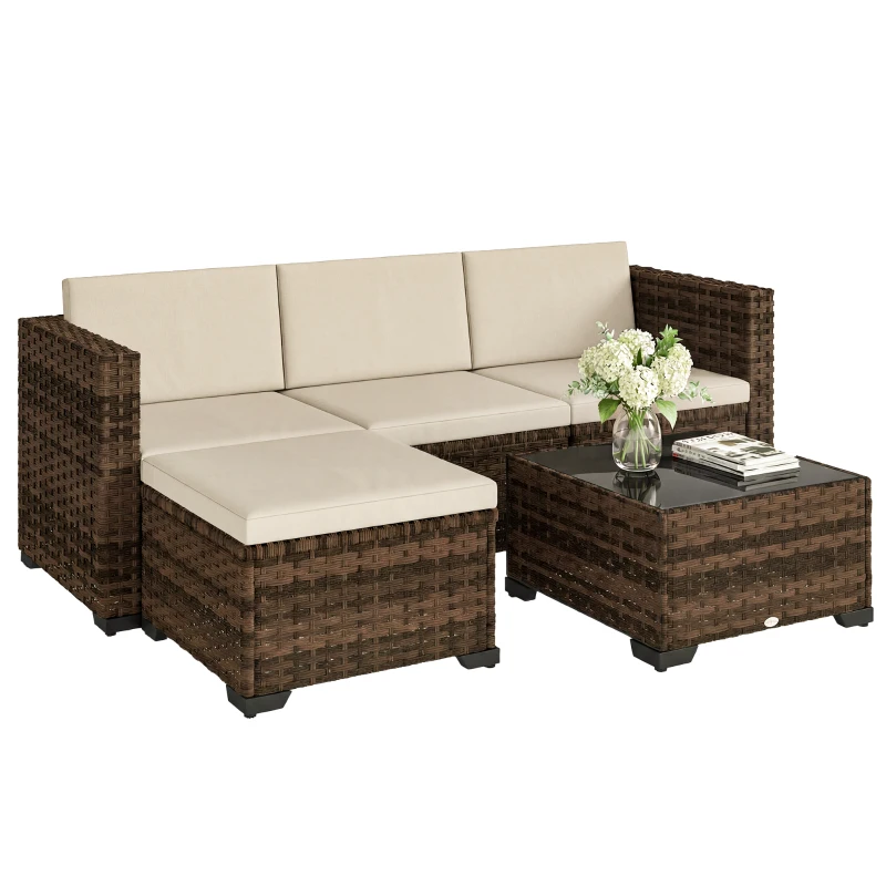 Outsunny Conjunto de Jardín Exterior de Ratán 5 Piezas con Cojines 2 Sillones de Esquina Sillón sin Brazos Reposapiés y Mesa