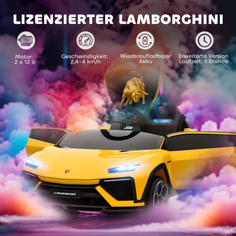 AIYAPLAY Kinder Elektroauto 12V Kinderauto mit 2,4 GHz Fernbedienung, 2 Motor, Hupe, LED, Musik, 101,5 x 49 x 43 cm, Gelb