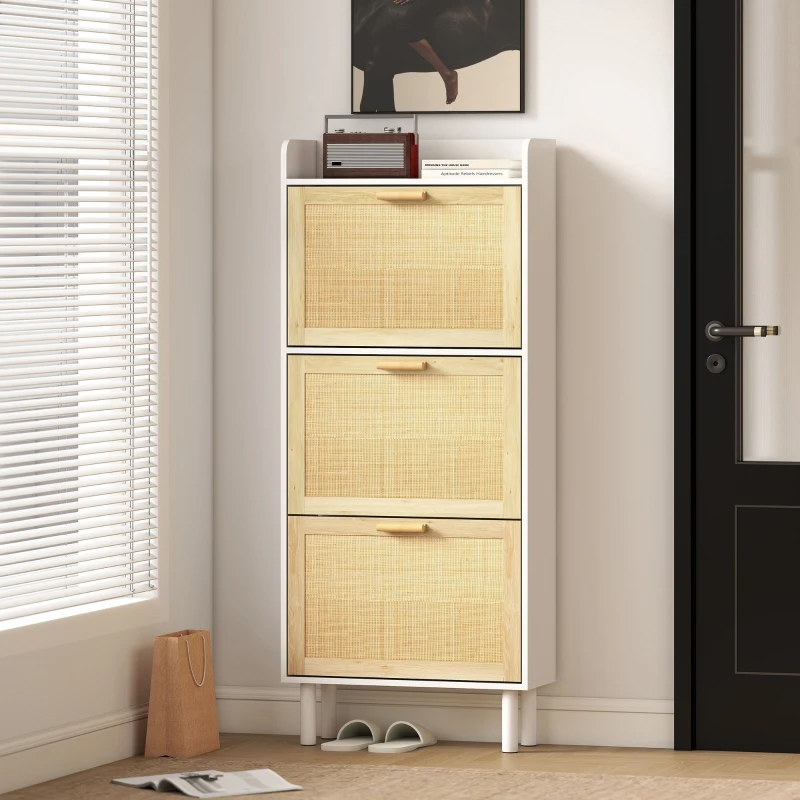 HOMCOM Meuble à chaussures 3 portes abattants étagère effet résine tressée design bohème 65 x 24,5 x 153 cm blanc
