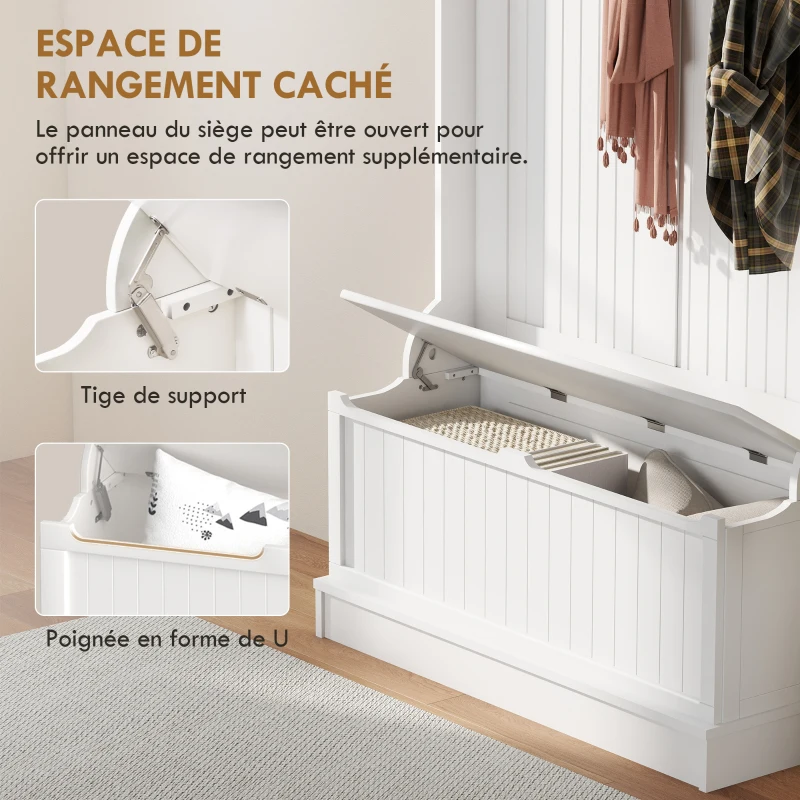 HOMCOM Meuble d'entrée avec banc porte manteaux 3 en 1 5 crochets banc de rangement pour salon couloir 96 x 34 x 179,7 cm crème