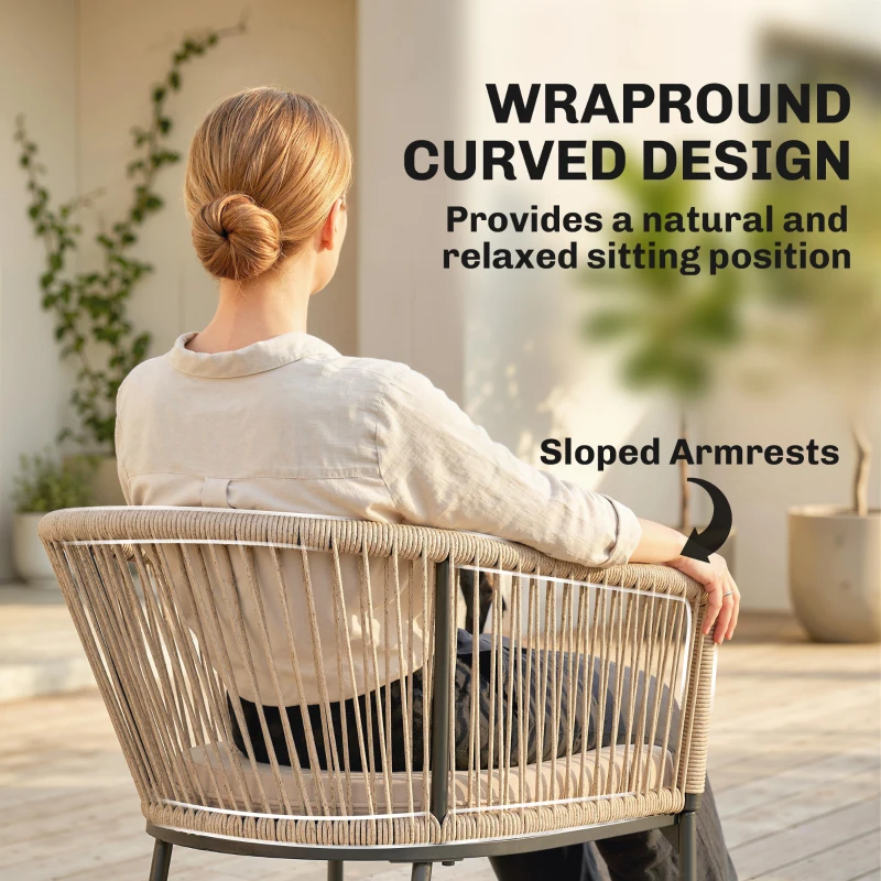 Outsunny Garden Chairs Set of 2, Rattan Garden Dining Chairs with String Back Armrests, Cushions, Natural Wood Finish