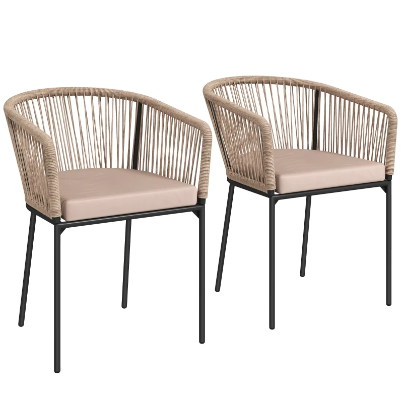 Outsunny Garden Chairs Set of 2, Rattan Garden Dining Chairs with String Back Armrests, Cushions, Natural Wood Finish