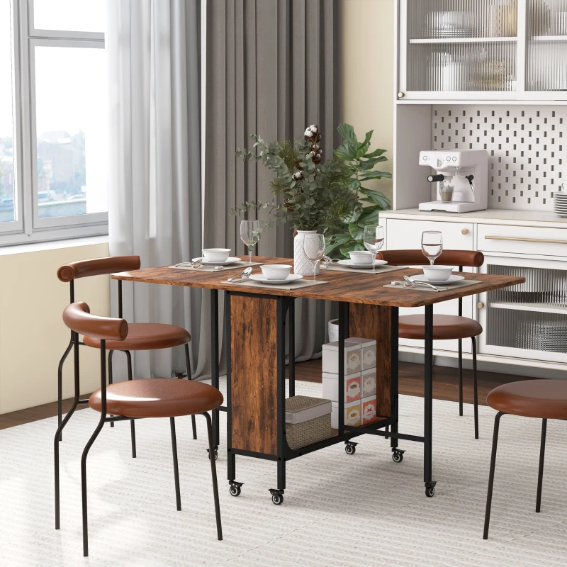 HOMCOM Table pliante de cuisine extensible salle à manger sur roulettes jusqu'à 6 personnes étagère intégrée, 6 roues, Marron
