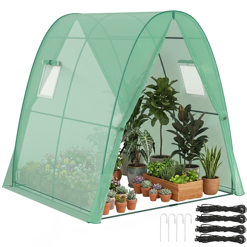 Outsunny Polytunnel Greenhouse with Sandbags, Walk-In Tunnel Green House with 2 Doors and Screen Windows, 1.8 x 1.8 x 2m, Green