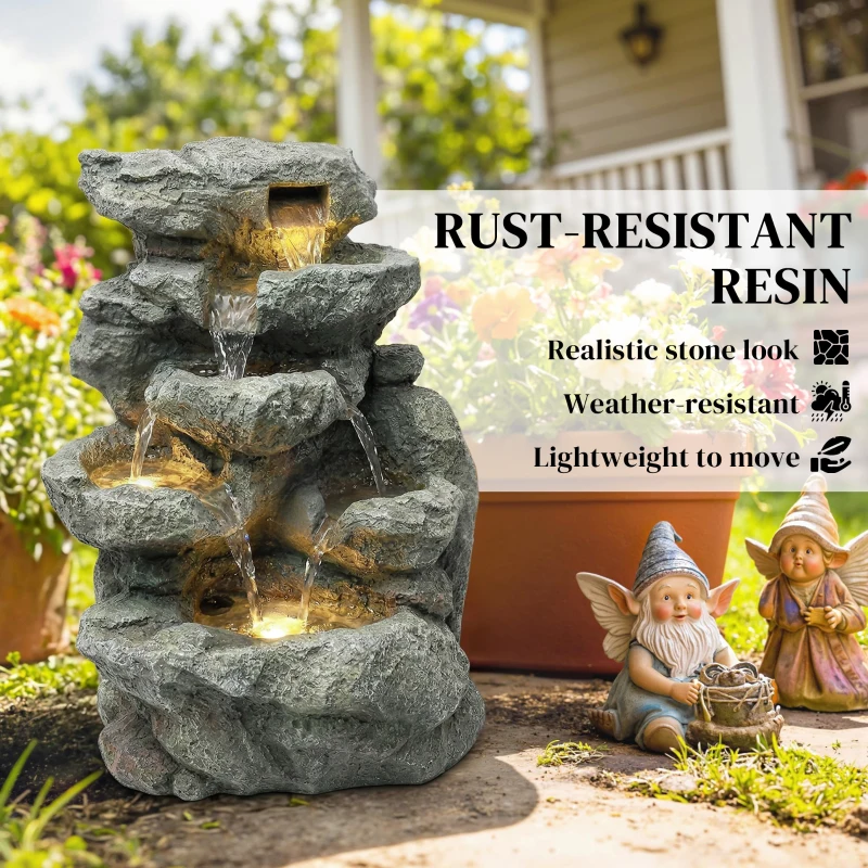 Outsunny Outdoor Fountain with 6-Tier Rock Design, Waterfall Feature with LED Lights, Resin Freestanding Garden Fountain, Grey