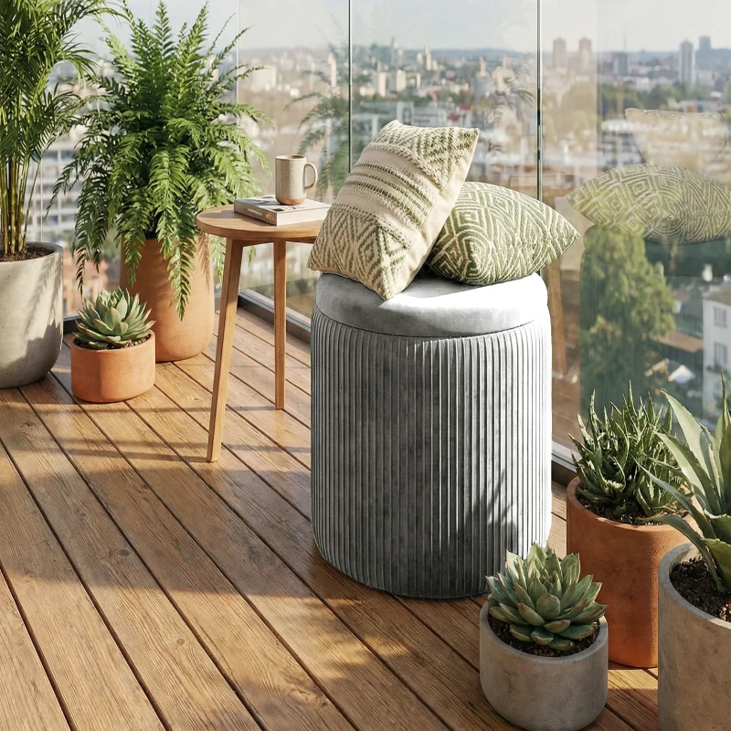 HOMCOM Storage Ottoman Modern Velvet Round Foot Stool for Living Room Bedroom 45 cm Grey