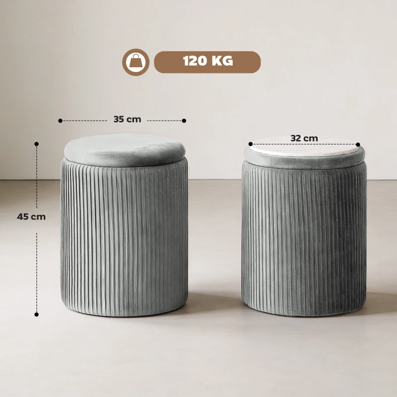 HOMCOM Storage Ottoman Modern Velvet Round Foot Stool for Living Room Bedroom 45 cm Grey