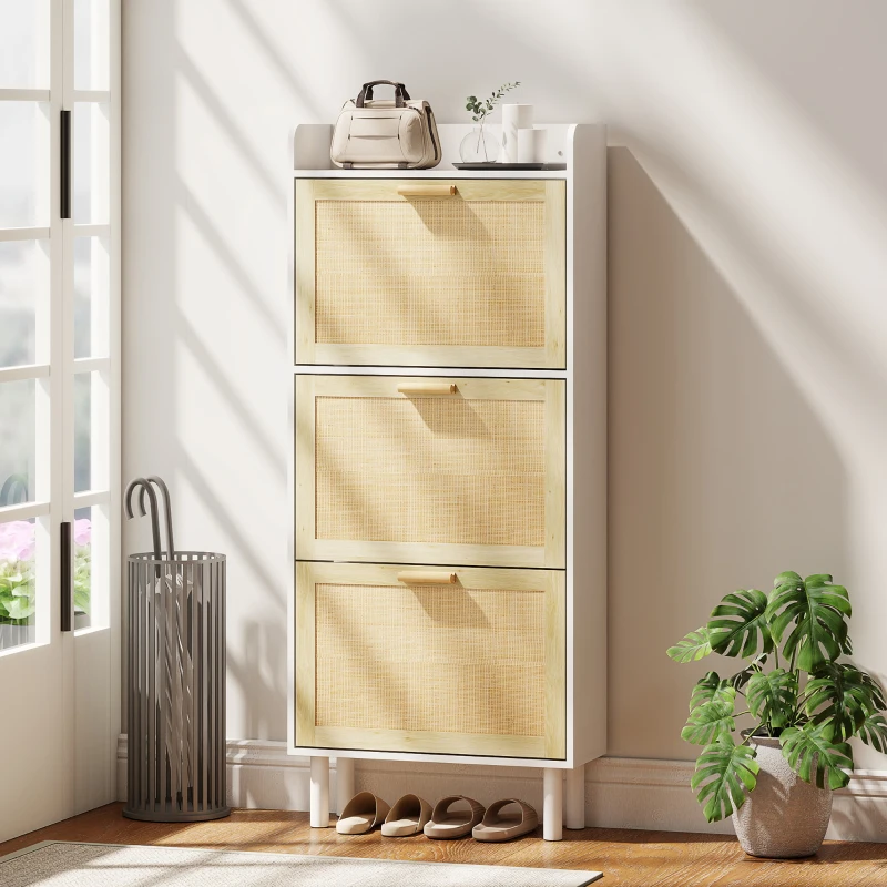 HOMCOM Meuble à chaussures 3 portes abattants étagère effet résine tressée design bohème 65 x 24,5 x 153 cm blanc