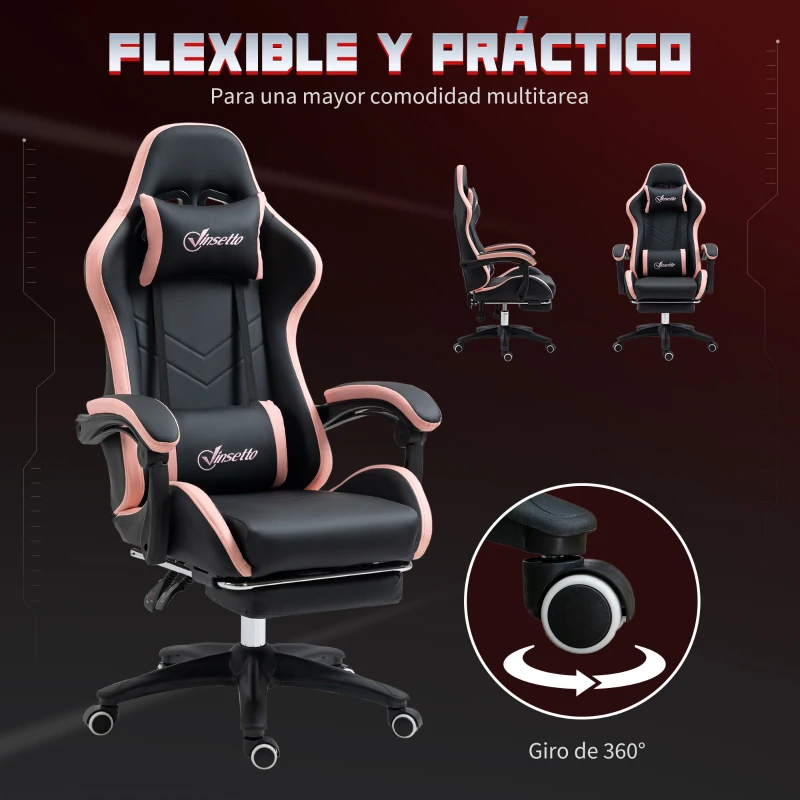 Vinsetto Silla Gaming Silla Gamer de Cuero PU Reclinable 135° Reposacabezas y Reposapiés 65x65x121-129 cm Negro y Rosa
