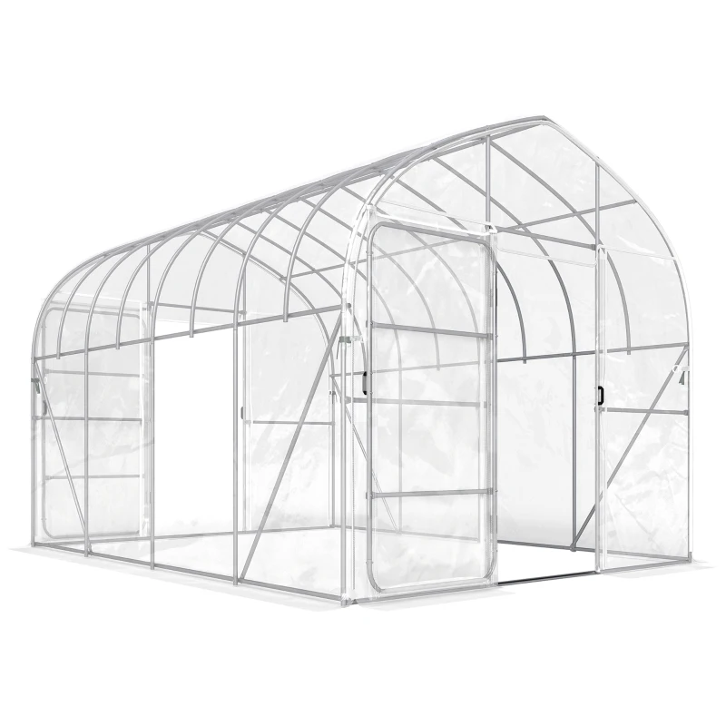 Outsunny Serre Tunnel de Jardin 12m² Film PO Anti-goutte Acier Galvanisé 25mm Structure Renforcée 2 Portes Battantes Transparent