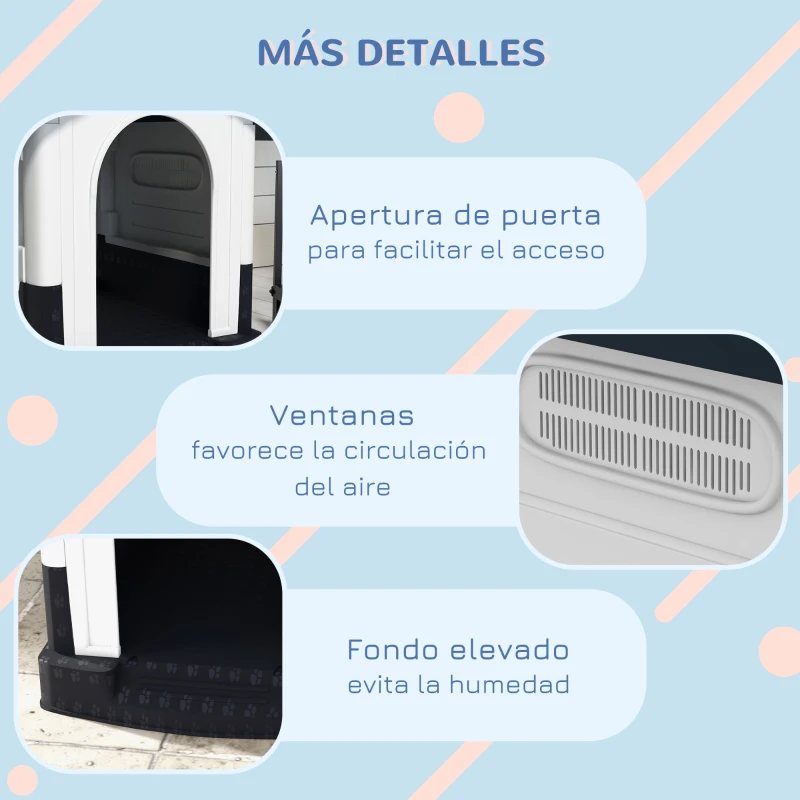 PawHut Caseta para Perros Mini para Exterior de Plástico con 3 Ventanas Base Elevada Techo Inclinado 64,5x57x66 cm Gris Oscuro