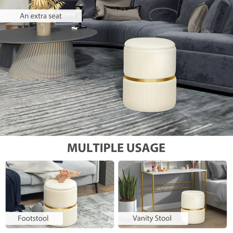 HOMCOM Round Storage Stool, Velvet-feel Fabric Upholstered Vanity Stool with Removable Top, Padded Seat and Hidden Space, Beige