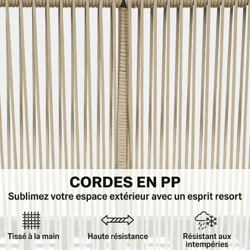 Outsunny Salon de Jardin 4 Pièces, Ensemble en Corde Tressée avec Structure en Acier et Bois d'Acacia, Coussins, Blanc Crème