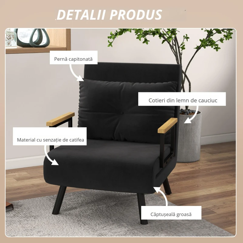 HOMCOM Fotoliu Pat 3 în 1 cu Spătar Reglabil în 5 Poziții și Pernă, 63x73x81 cm, Negru(m-4)