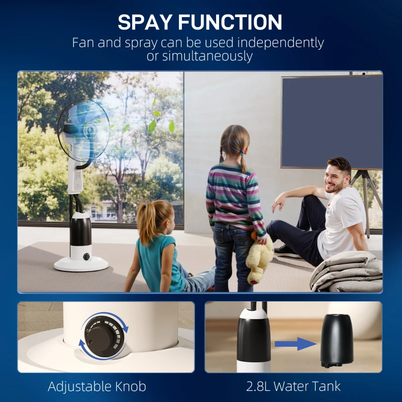 HOMCOM Pedestal Fan with Water Mist Spray 3 Speeds 2.8L Water Tank, White