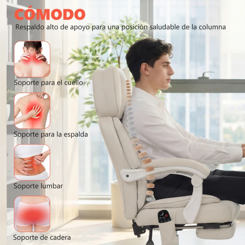 HOMCOM Silla de Escritorio Reclinable con Masaje Vibratorio de 6 Puntos Calor Lumbar Reposacabezas Ajustable Reposapiés Crema