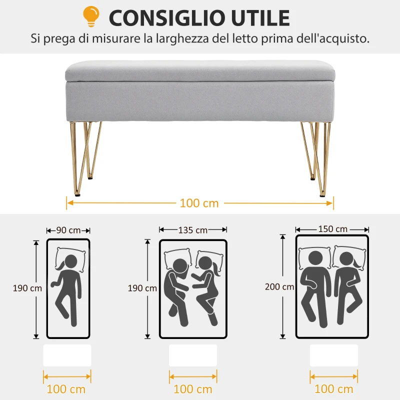 HOMCOM Panca Fondo Letto con Contenitore in Tessuto e Gambe in Acciaio, 100x40x49 cm, Grigio Chiaro
