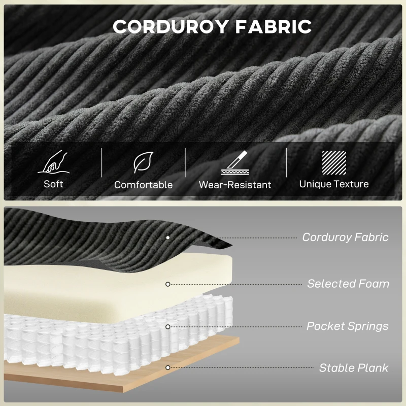 HOMCOM 2 Seater Sofa, 140 cm Loveseat Sofa with Spring Cushions, Metal Legs, 2 Pillows, Dark Grey