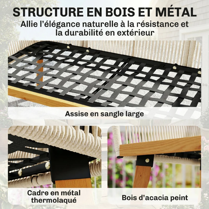 Outsunny Salon de Jardin 4 Pièces, Ensemble en Corde Tressée avec Structure en Acier et Bois d'Acacia, Coussins, Blanc Crème