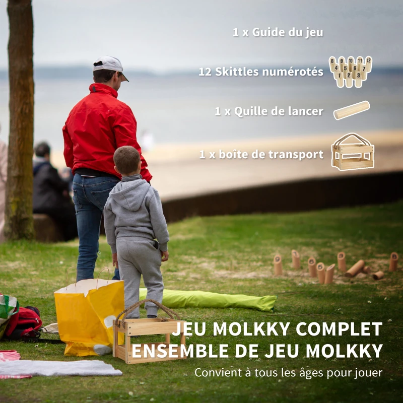 SPORTNOW Jeu de quilles finlandaises, jeu de plein air en bois de pin 12 quilles 1 bâton 1 boîte de transport effet bois naturel