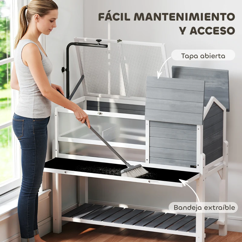 PawHut Casa para Tortugas de Madera con Soporte para Lámpara Ajustable Techos Abatibles Bandeja Extraíble y Estante Inferior
