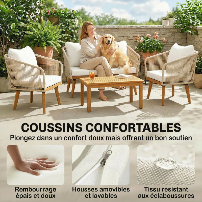 Outsunny Salon de Jardin 4 Pièces, Ensemble en Corde Tressée avec Structure en Acier et Bois d'Acacia, Coussins, Blanc Crème