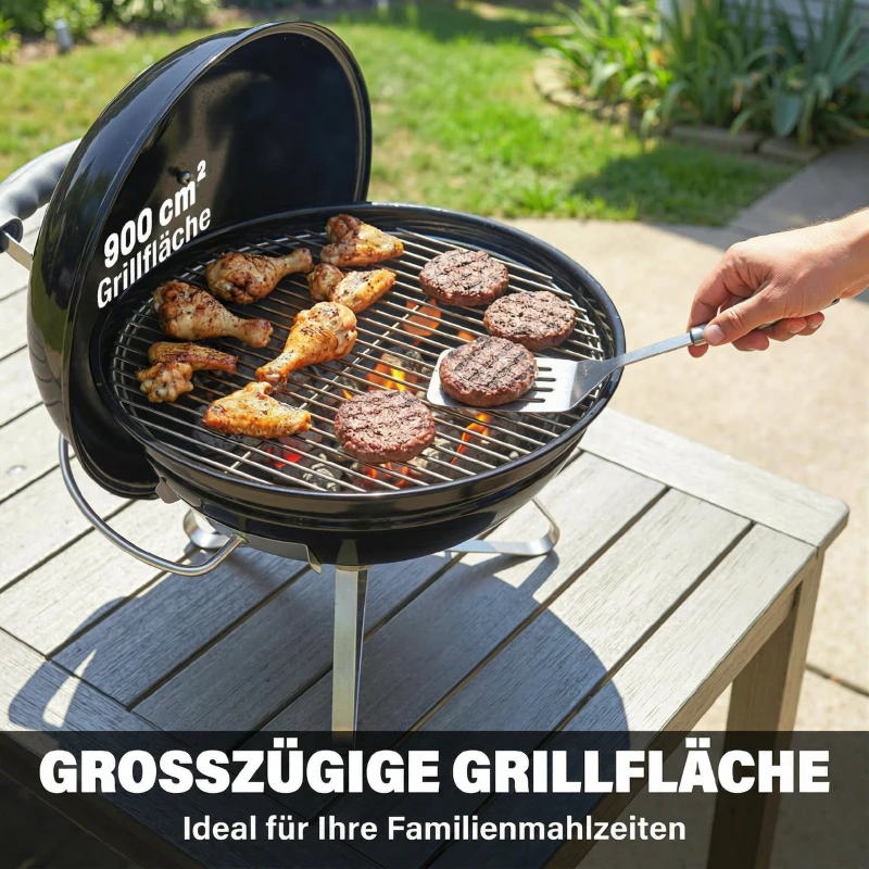 Outsunny Holzkohlegrill Tragbarer Kugelgrill mit Deckel Griff verstellbaren Lüftungsschlitzen für Barbeque 41x41x44 cm Schwarz