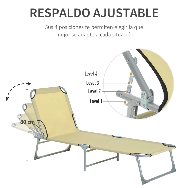 Outsunny Cama de Camping Plegable con Respaldo Ajustable en 4 Niveles Carga 120 kg para Playa Jardín Piscina 187x58x28 cm Beige