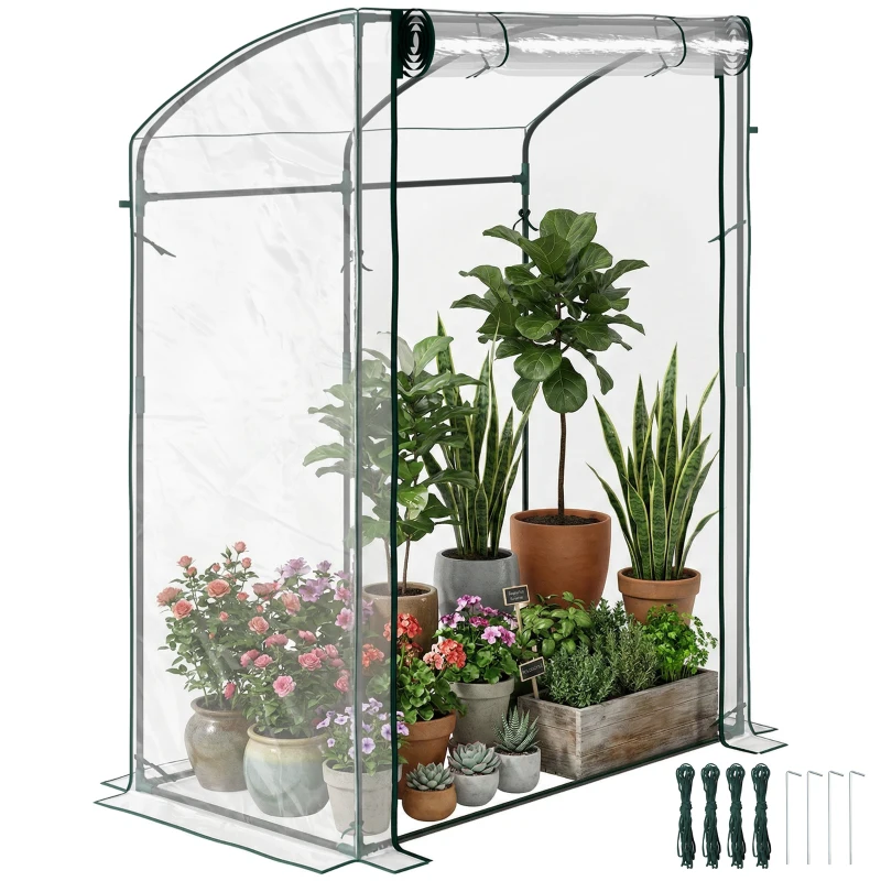 Outsunny Gewächshaus mit Tür Gebogendach winterfest Foliengewächshaus aus Stahl, Treibhaus 128 x 70 x 170 cm Transparent