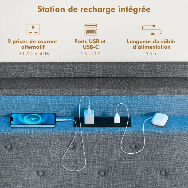 HOMCOM Cadre de lit 160 x 200 cm avec sommier acier, lit 2 personnes flottant avec lumières LED RGB et station de charge, gris