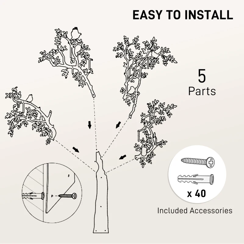 HOMCOM Wieszak ścienny, Wieszak na płaszcze montowany na ścianie, Design drzewa z ptakami, Czarny