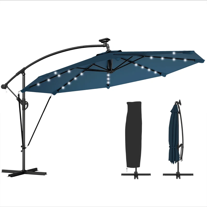 Outsunny Parasol Excéntrico con Luces LED Solares Ø345 cm Sombrilla Jardín de Aluminio con Base Cruzada Manivela Funda Azul