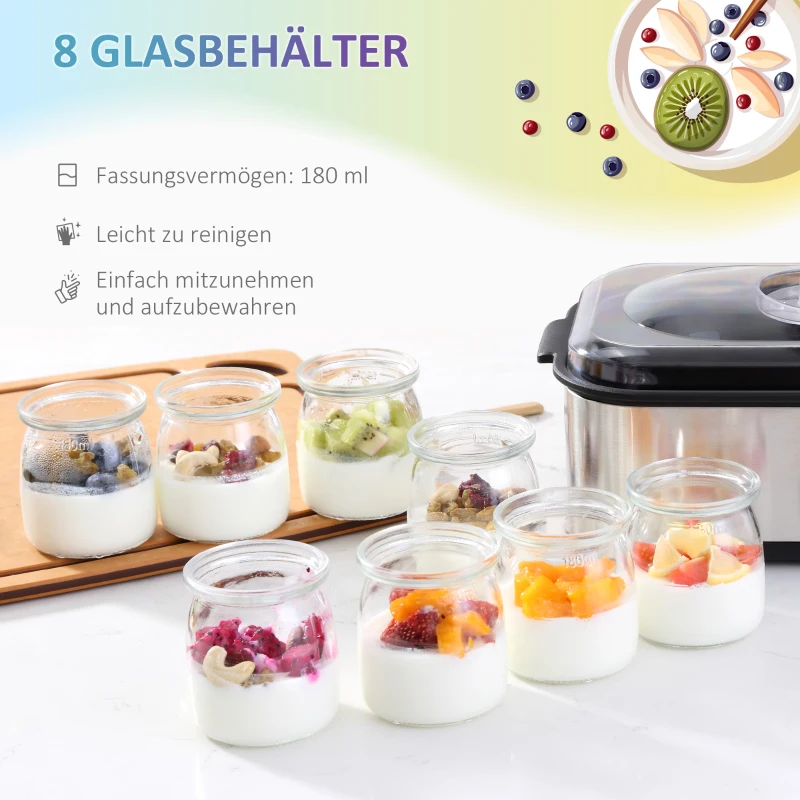 HOMCOM Joghurtbereiter Griechische Joghurtmaschine mit Deckel, 8 BPA-freier Glas-Innenbehälter à 180 ml, Joghurt Maker mit LCD Display Timer, für bis zu 1,4 Liter Joghurt 25 W Silber