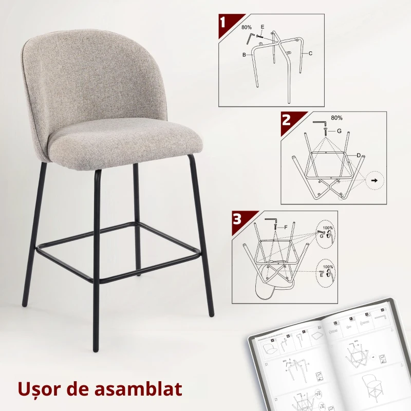 HOMCOM Set 2 Scaune de Bar cu Spătar și Suport pentru Picioare, Acoperire din Material Textil și Picioare din Oțel, Gri