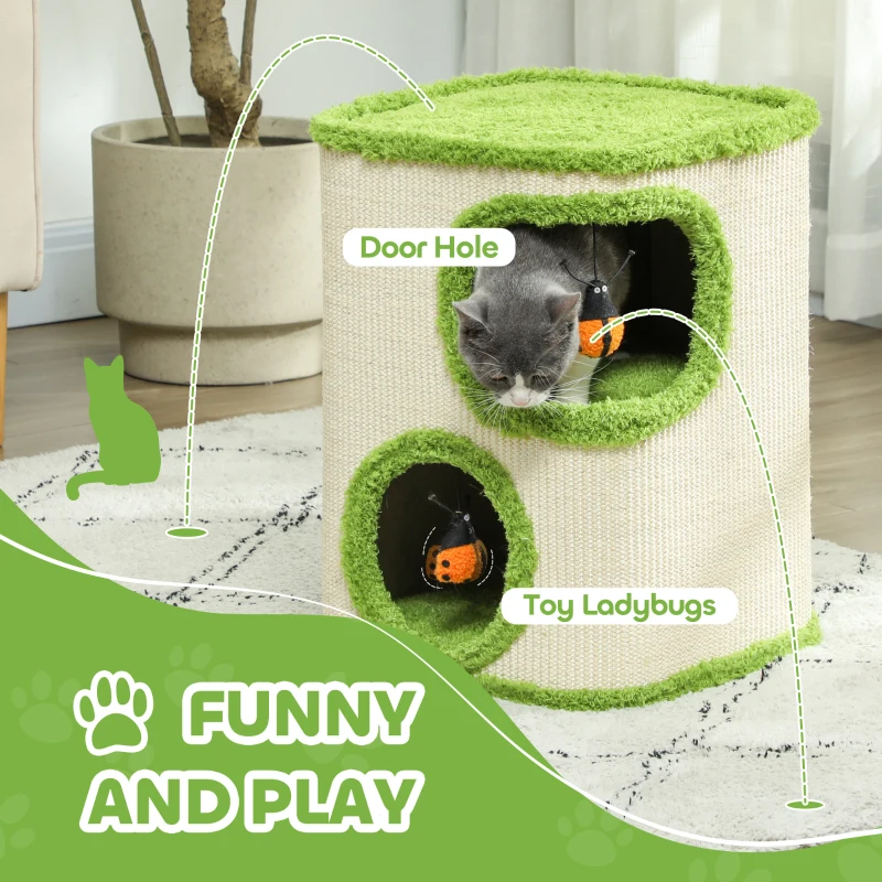 PawHut 52cm Cat Barrel Tower, 2 Story Cat Condo with Sisal Scratching Pad, Toy Ladybugs, Barrel Shaped Cat House Covered in Soft Plush, Green